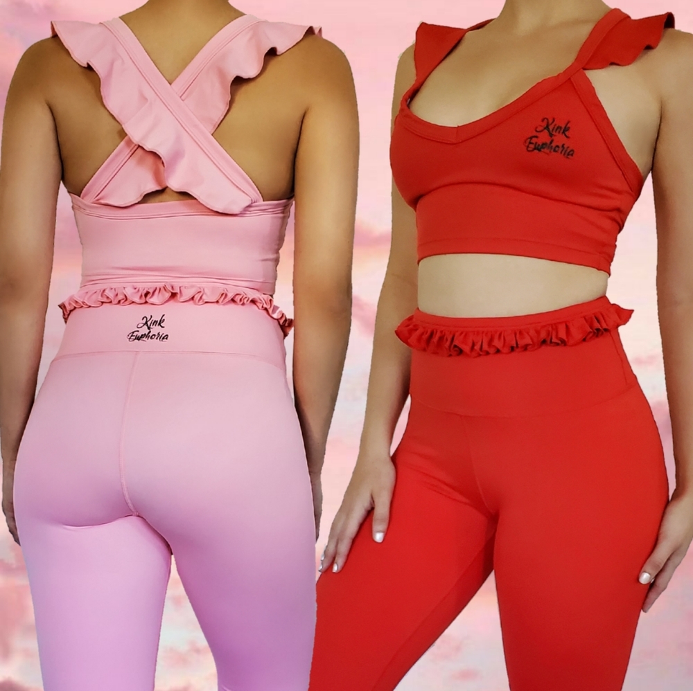 Red Kink Euphoria Miss Ruffle Yoga Dance Workout Set Leggings Crop Top S…